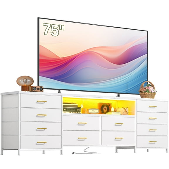 63" W 12-Drawers Dresser TV Stand for 65/70/75 Inch TVs,Entertainment Center with LED Lights & Power Outlets,Fabric Drawers for Bedroom,Living room,White