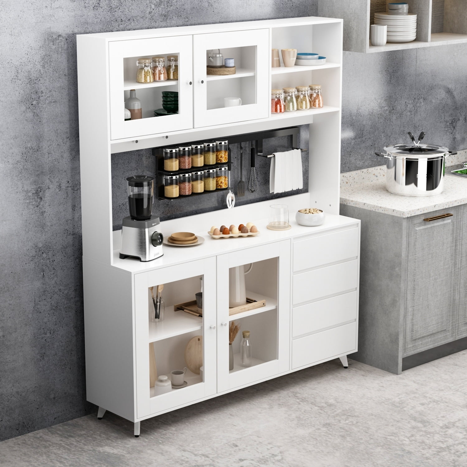 White MDF and Tempered Glass Freestanding Kitchen Pantry with Hutch