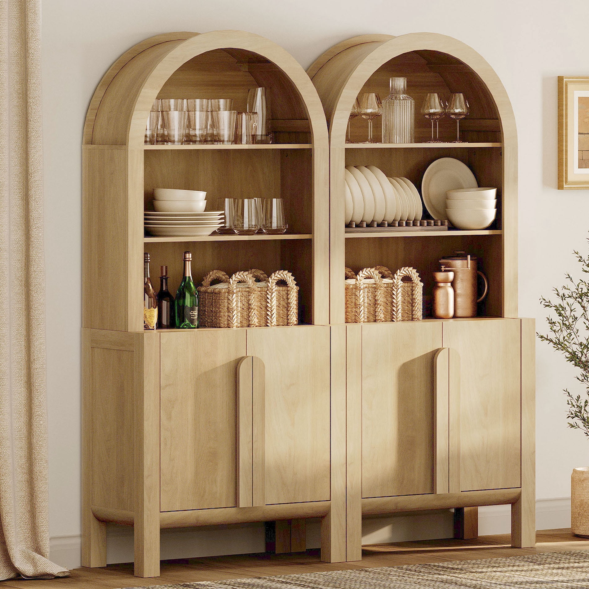 63"W Arched Kitchen Hutch Sideboard, Mid-Century Modern Buffet Hutch Cabinet with 4 Wooden Doors And 3 Tier Shelves