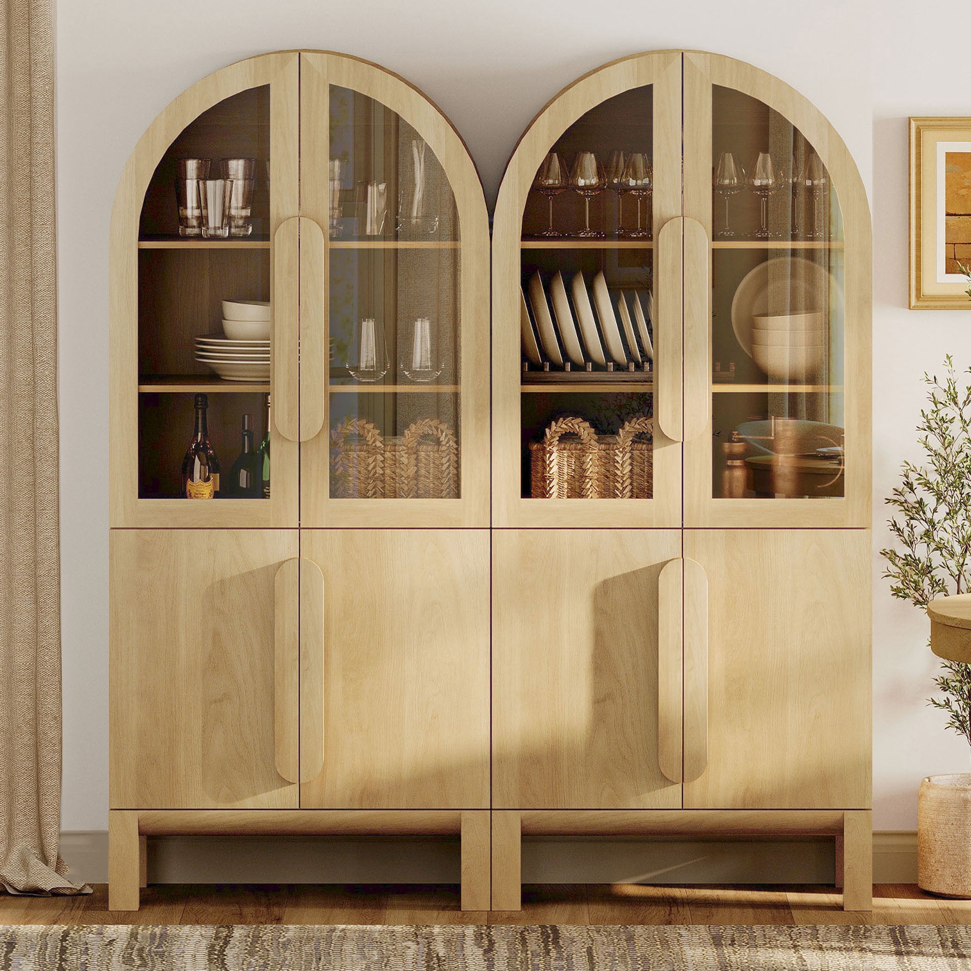 63"W Arched Kitchen Hutch Sideboard, Mid-Century Modern Wooden Buffet Hutch Cabinet with 4 Glass Doors And 3 Tier Shelves