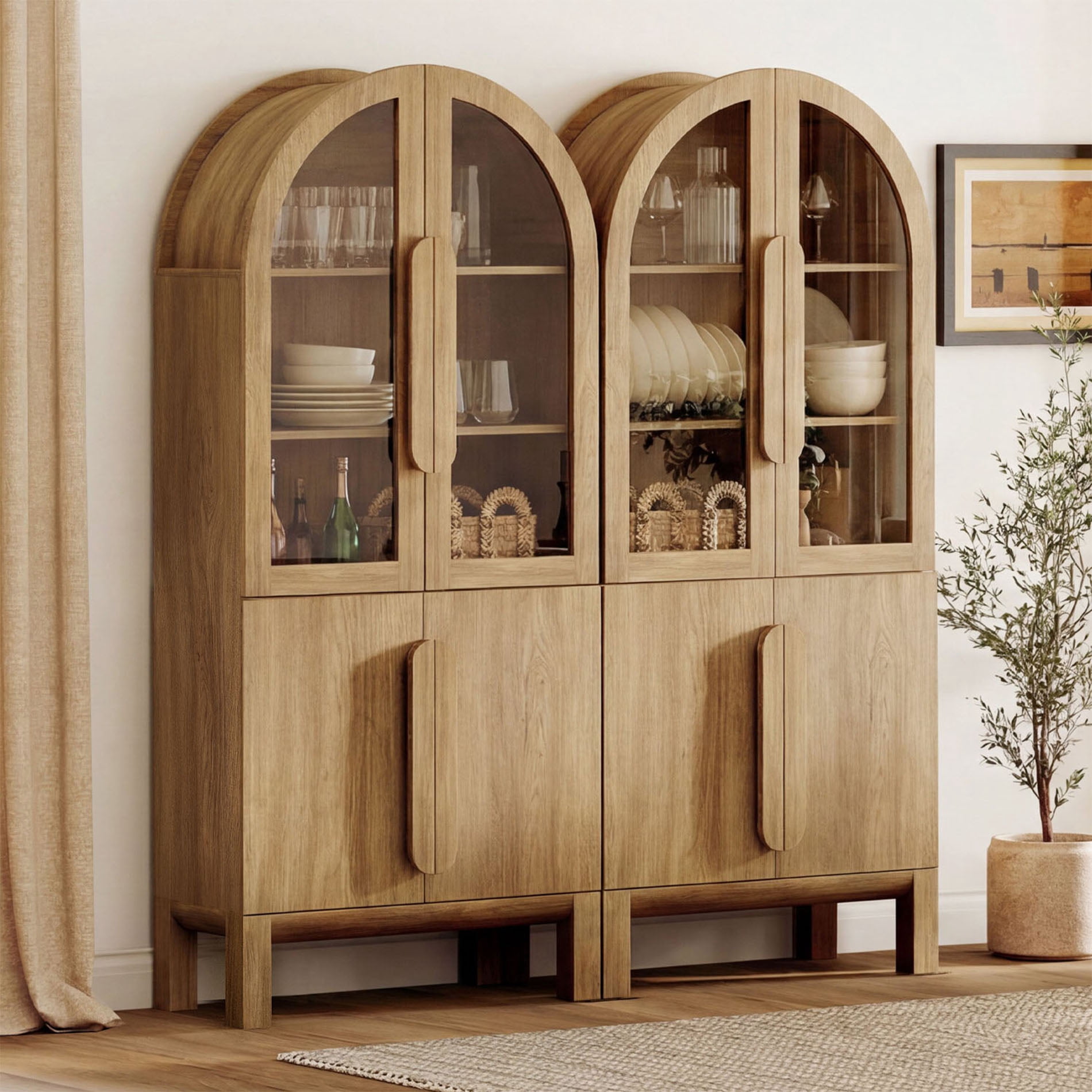 63"W Arched Kitchen Hutch Sideboard, Mid-Century Modern Wooden Buffet Hutch Cabinet with 4 Glass Doors And 3 Tier Shelves