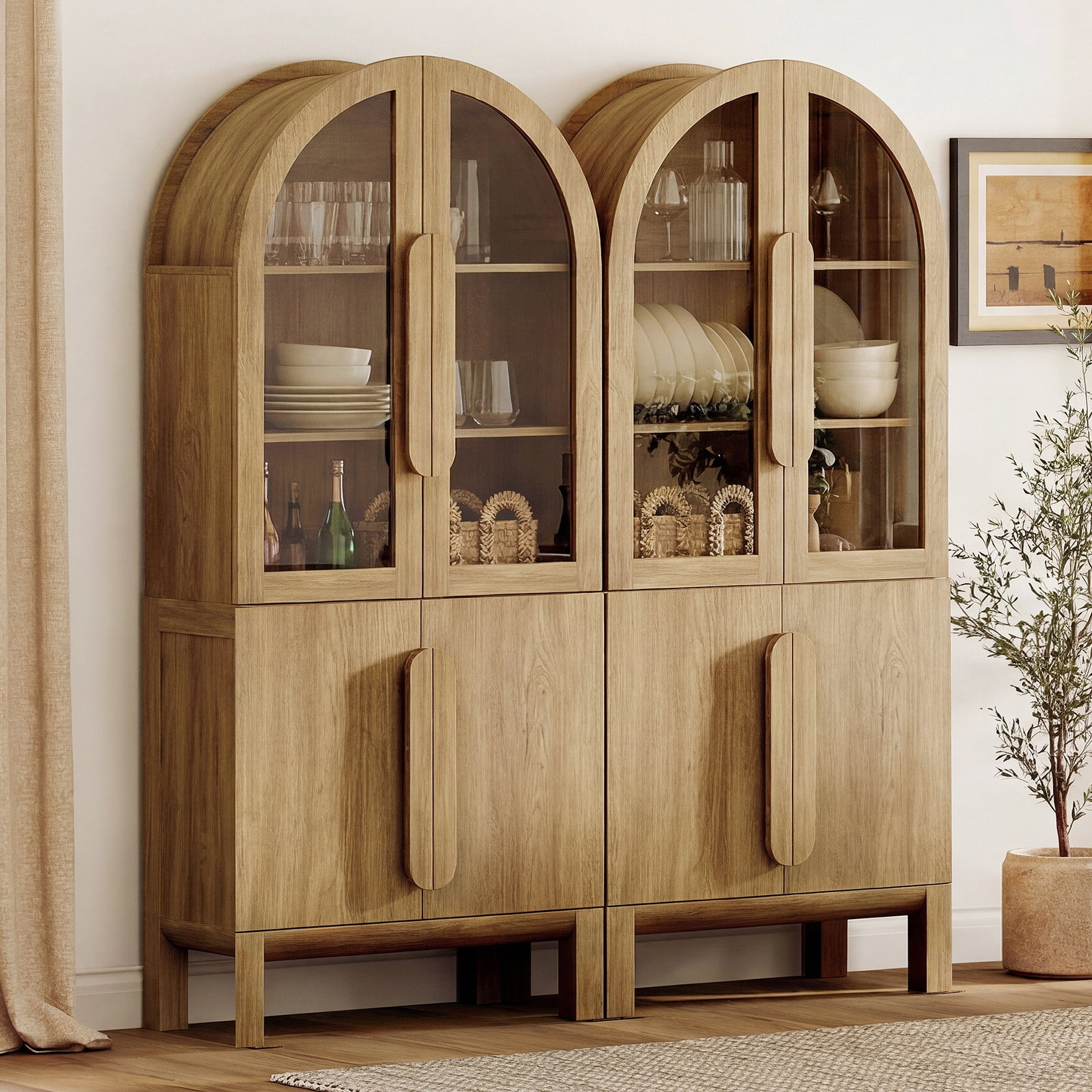 63"W Arched Kitchen Hutch Sideboard, Mid-Century Modern Wooden Buffet Hutch Cabinet with 4 Glass Doors And 3 Tier Shelves