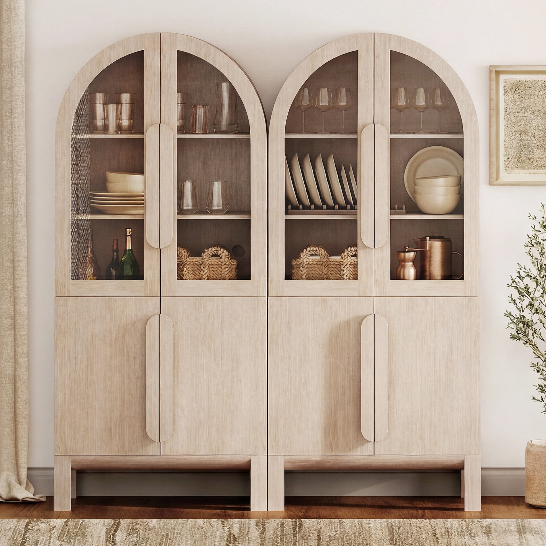 63"W Arched Kitchen Hutch Sideboard, Mid-Century Modern Wooden Buffet Hutch Cabinet with 4 Glass Doors And 3 Tier Shelves