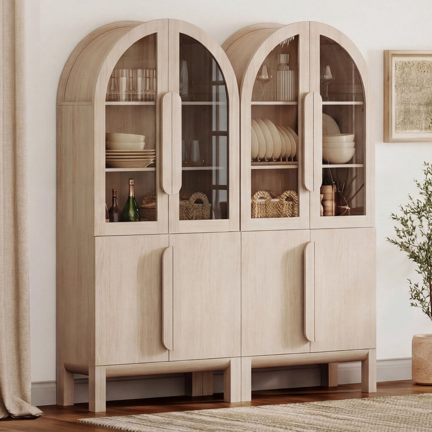 63"W Arched Kitchen Hutch Sideboard, Mid-Century Modern Wooden Buffet Hutch Cabinet with 4 Glass Doors And 3 Tier Shelves
