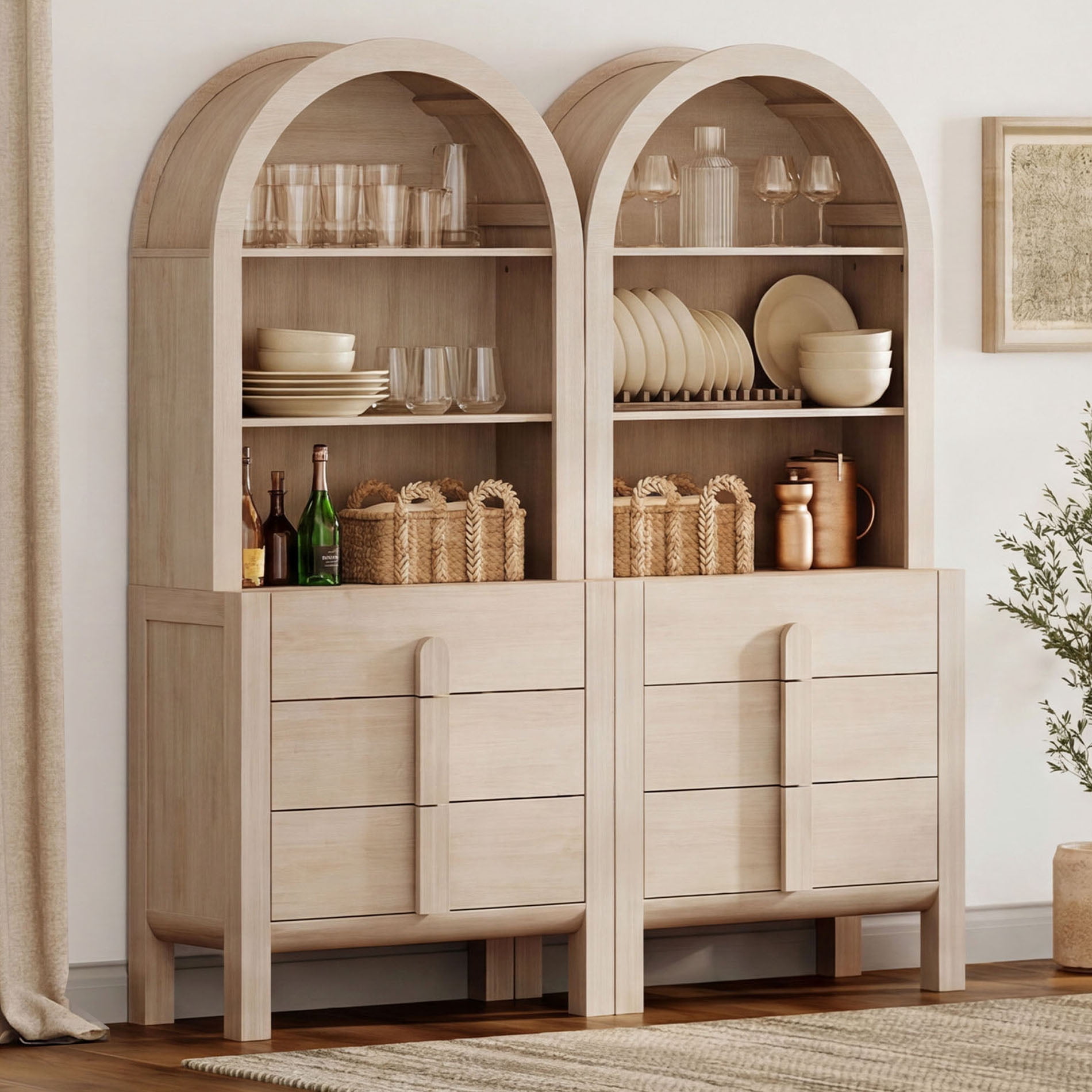 63"W Arched Kitchen Hutch Sideboard, Mid-Century Modern Wooden Buffet Hutch Cabinet with 6 Drawerrs And 3 Tier Shelves