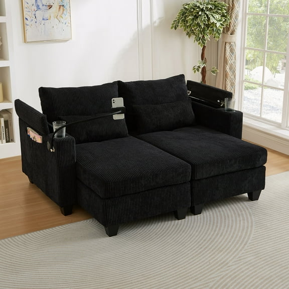 63"W Corduroy Upholstered Double Chaise Lounge, Convertible Loveseat Sofa, Black