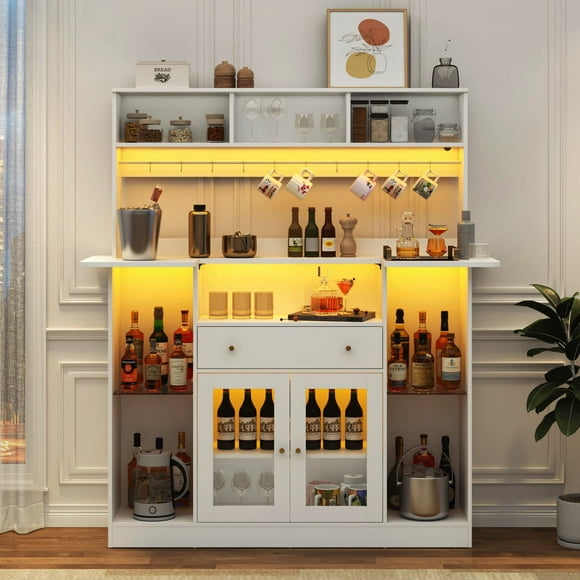 63"W Counter Height Bar Table Cabinet with Hutch Storage, U-shaped Countertop, Glass Doors, Drawers