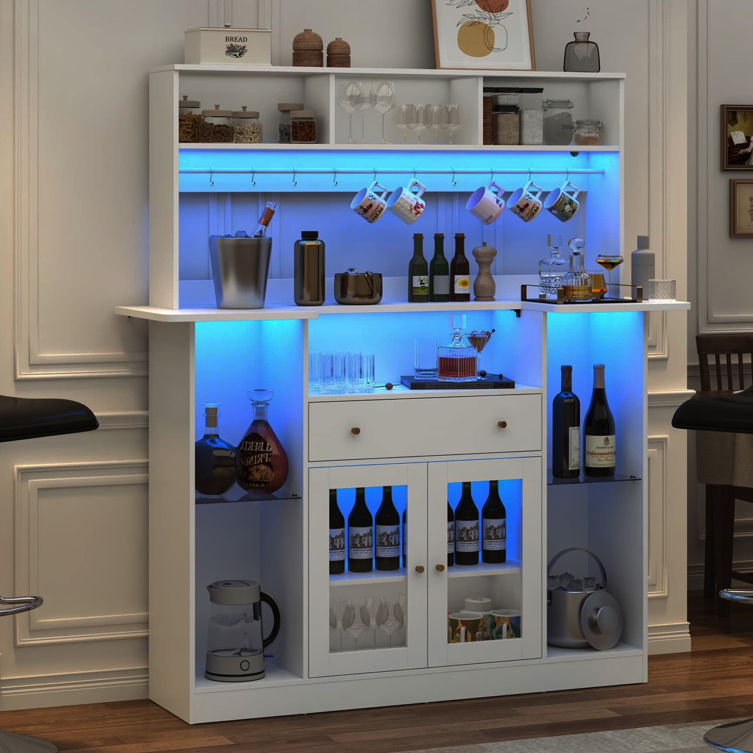 63"W Counter Height Bar Table Cabinet with Hutch Storage, U-shaped Countertop, Glass Doors, Drawers