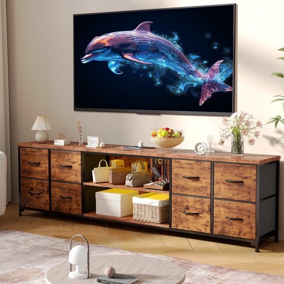 63"W Dresser for Bedroom TV Stand Dresser with LED Lights & Power Outlets & 8 Drawers,Dresser for 60 65 70 Inch TV,Long Fabric Dresser,Rustic Brown