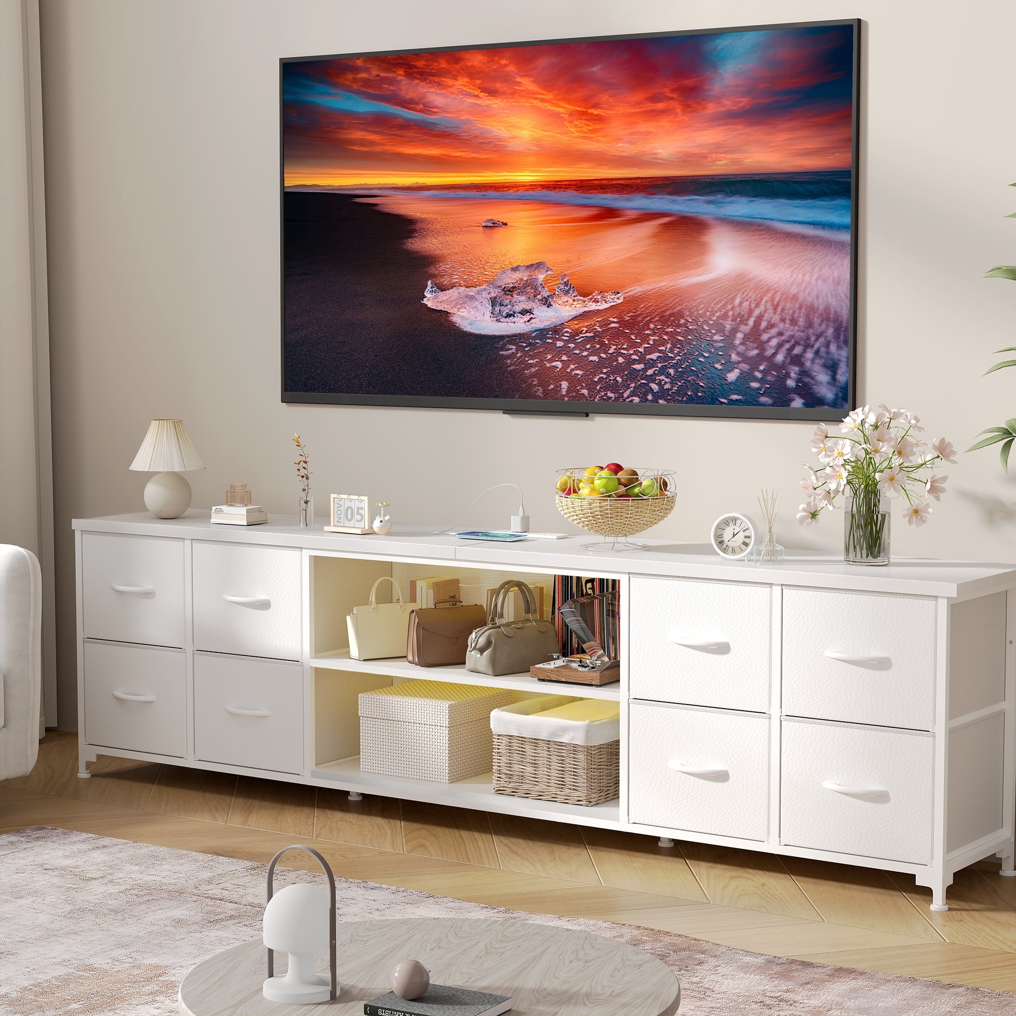63"W Dresser for Bedroom TV Stand Dresser with LED Lights & Power Outlets & 8 Drawers,Dresser for 60 65 70 Inch TV,Long Fabric Dresser,White