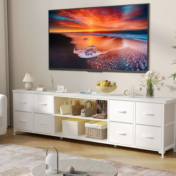 63"W Dresser for Bedroom TV Stand Dresser with LED Lights & Power Outlets & 8 Drawers,Dresser for 60 65 70 Inch TV,Long Fabric Dresser,White