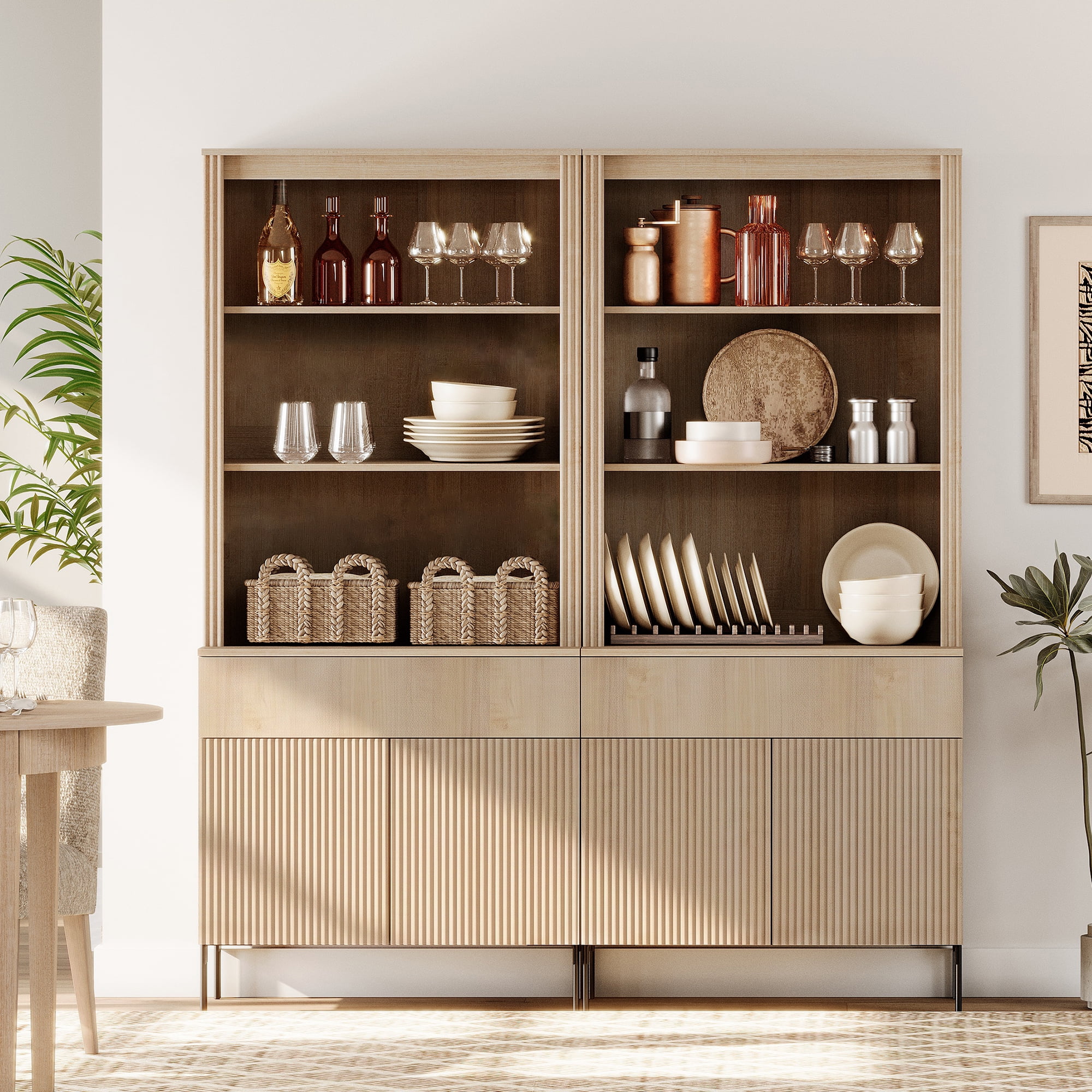 63"W Fluted Kitchen Hutch Sideboard with Adjustable Shelves, Wooden Modern 10-Tier Buffet Hutch Cabinet with 4 Doors And 2 Drawers