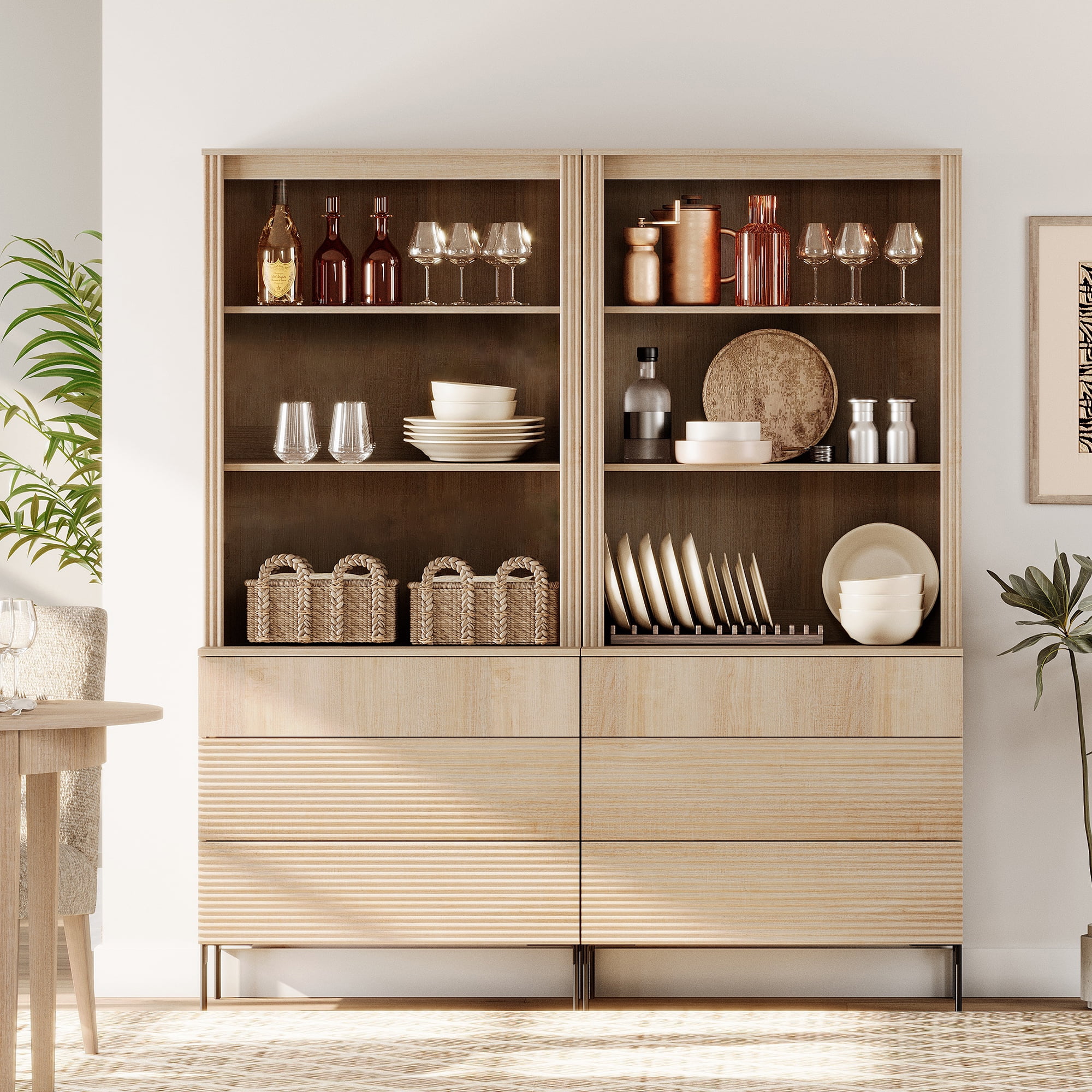 63"W Fluted Kitchen Hutch Sideboard with Adjustable Shelves, Wooden Modern Buffet Hutch Cabinet with 6 Drawers And 6 Tier Shelves