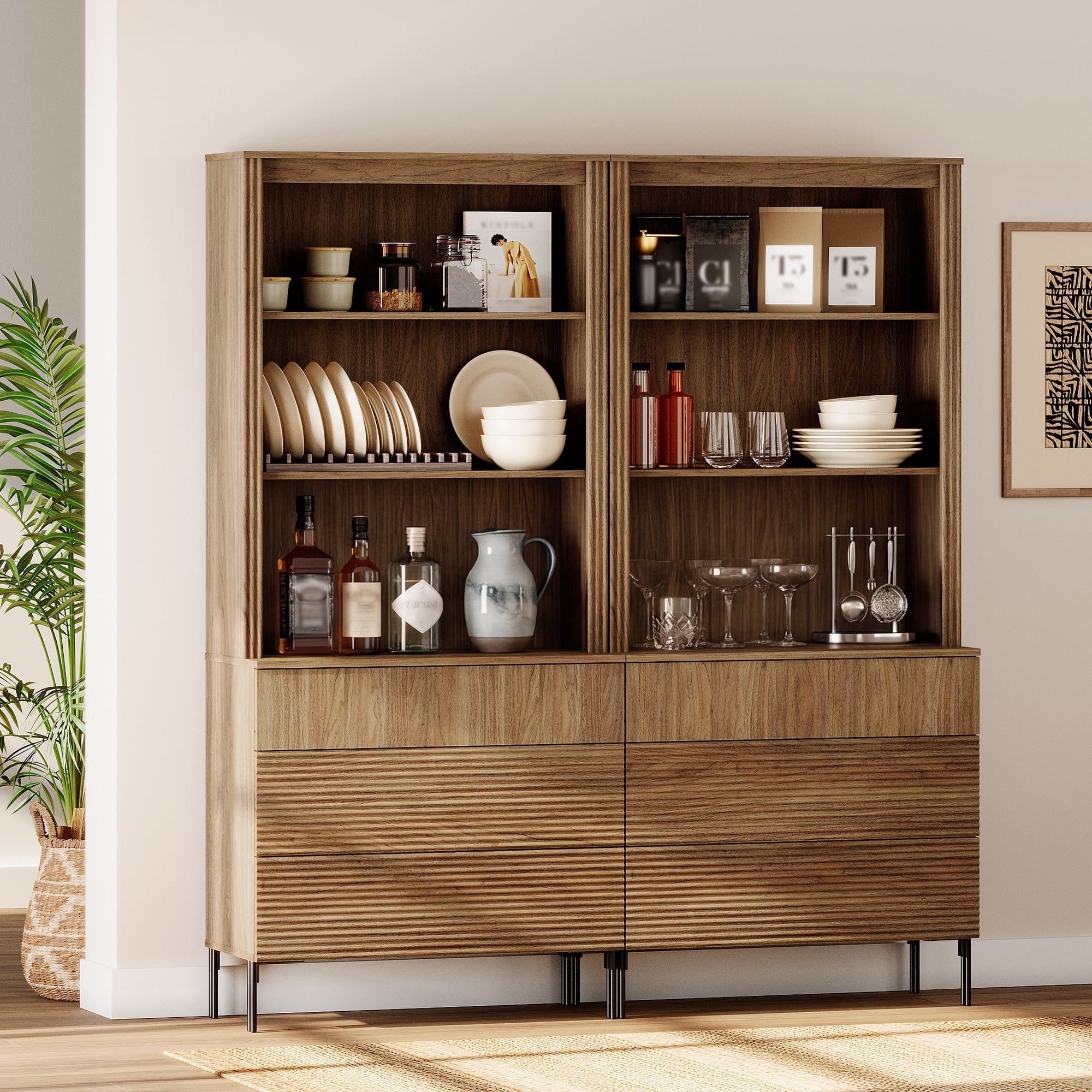 63"W Fluted Kitchen Hutch Sideboard with Adjustable Shelves, Wooden Modern Buffet Hutch Cabinet with 6 Drawers And 6 Tier Shelves