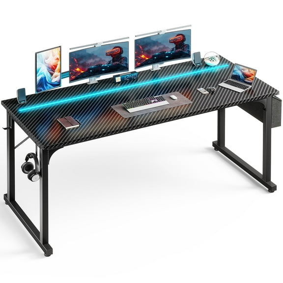 melmine 63"W Inch Computer Desk with Waterproof LED Lights, Side Storage Bag and Hooks, Anti-Tip, Study Desk for Small Spaces,Black