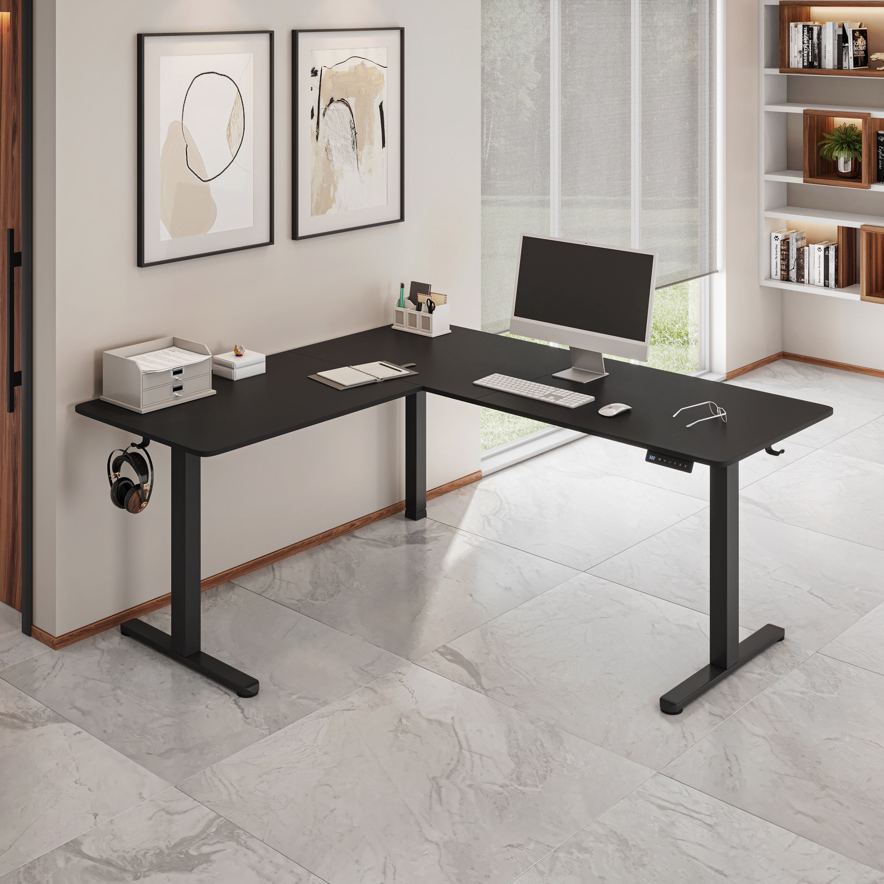 63" W L-Shaped Electric Standing Desk with Spacious Desktop, 3 Memory Height Presets and 2 Accessory Hooks, Black