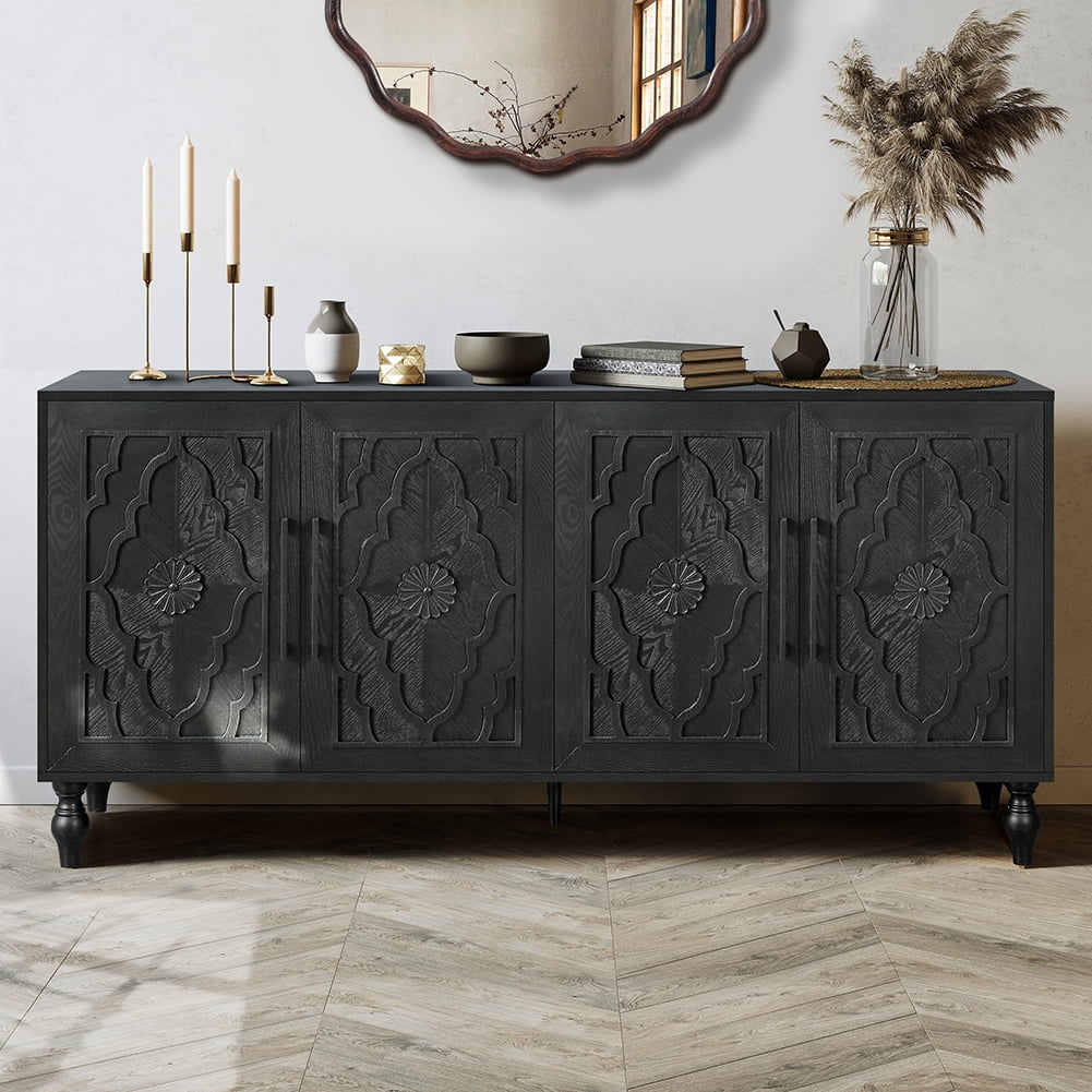 Black 63" MDF Sideboard with Carved Flower Doors and Metal Handles