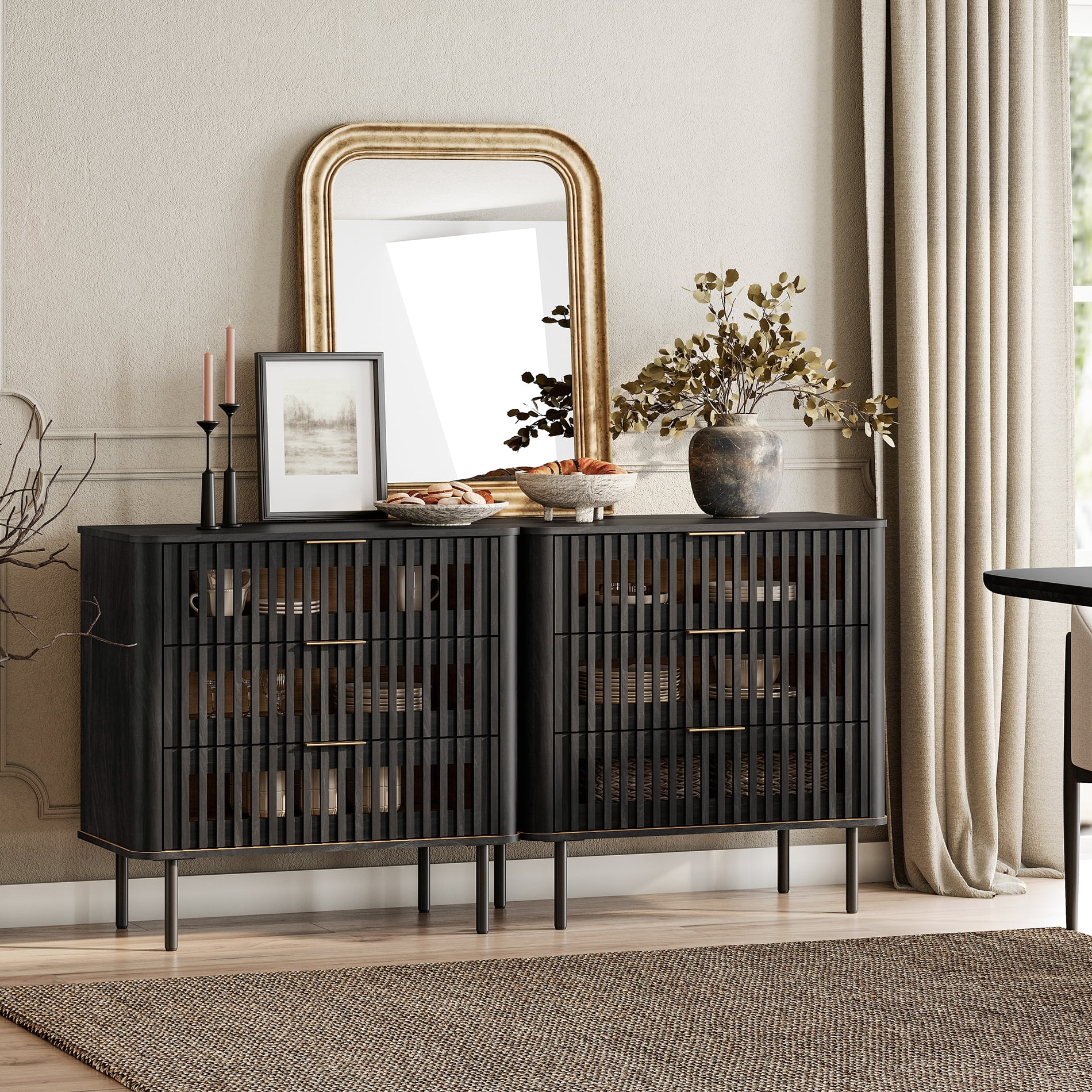 63"W Sideboard Buffet Cabinet with Storage, Fluted Kitchen Buffet Storage Cabinet with 6 Drawer, Large Coffee Bar Cabinet, Modern Buffet Table for Dining Living Room, Black