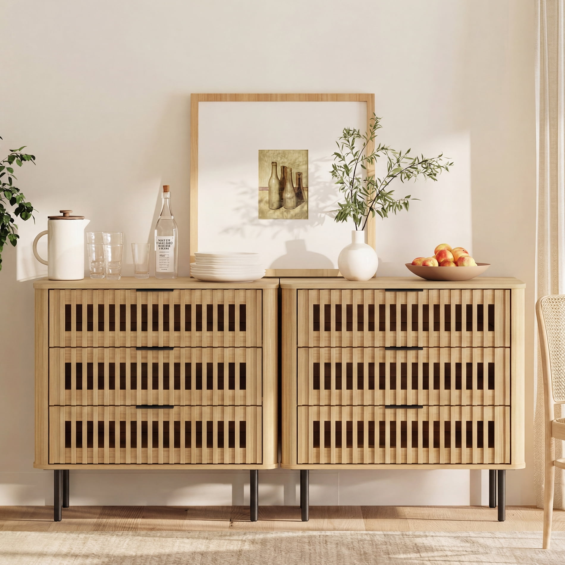 63"W Sideboard Buffet Cabinet with Storage, Fluted Kitchen Buffet Storage Cabinet with 6 Drawer, Large Coffee Bar Cabinet, Modern Buffet Table for Dining Living Room, Oak