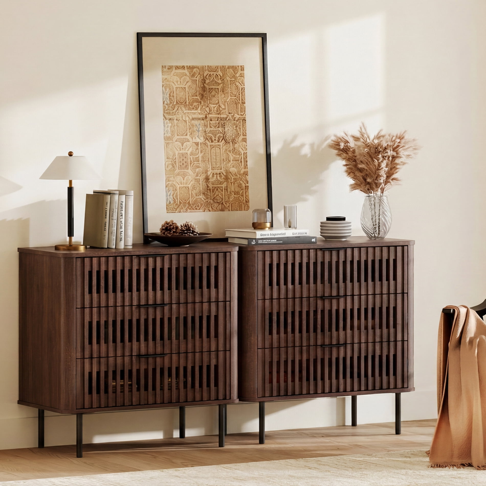 63"W Sideboard Buffet Cabinet with Storage, Fluted Kitchen Buffet Storage Cabinet with 6 Drawer, Large Coffee Bar Cabinet, Modern Buffet Table for Dining Living Room, Walnut