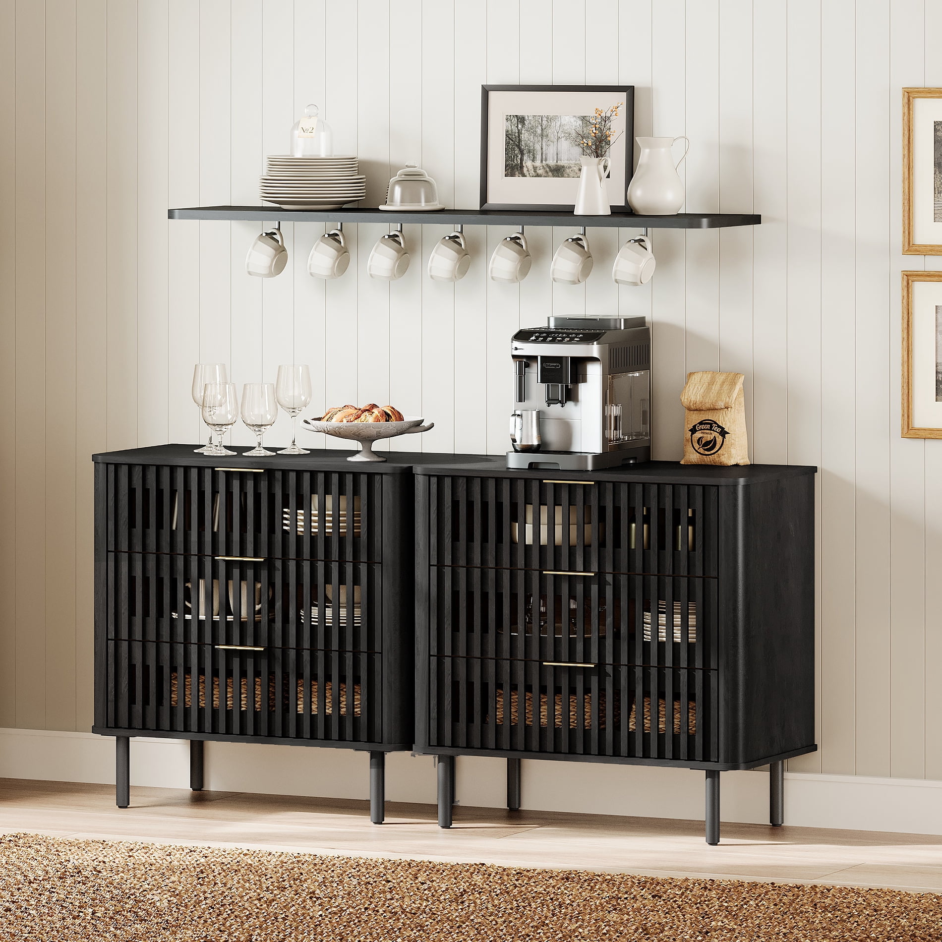 63"W Sideboard Buffet Cabinet with Storage, Fluted Kitchen Buffet Storage Cabinet with 6 Drawer, Large Coffee Bar Cabinet, Modern Buffet Table for Dining Living Room, Black