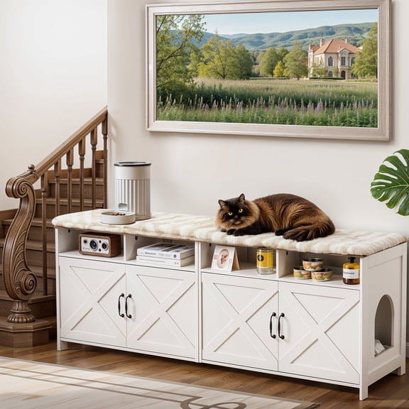 63"W TV Stand Furniture & Hidden Litter Box Enclosure & Double Litter Box For 2 Cats, Farmhouse Inclosed Litter Boxes For Cats with Outlet Power