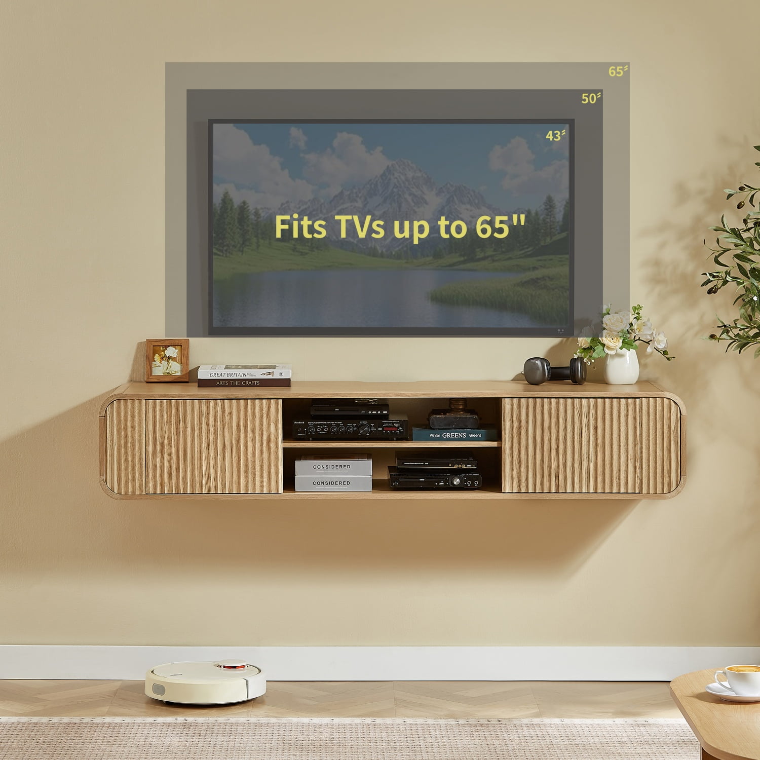 63" Wall‑Mounted TV Stand with Open Storage, Hanging Cabinet for Living Room, Bedroom & Home Use,Natural