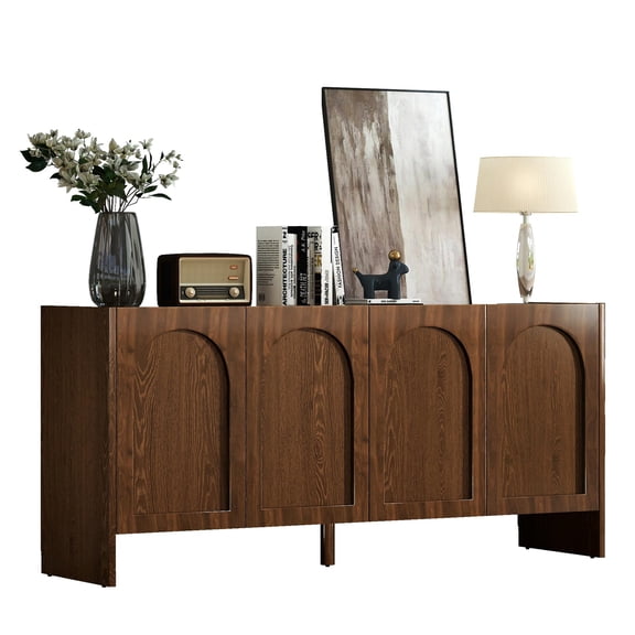 BFJDM Mid-Century Buffet Cabinet Sideboard, 63 Inch Walnut Solid Wood Arched with 4 Doors and Adjustable Shelves for Storage, 1-Pack