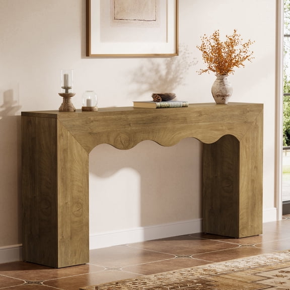 63" Wavy Edge Console Table with Square Base, Brown Wooden Narrow Sofa Table for Entryway Hallway Living Room