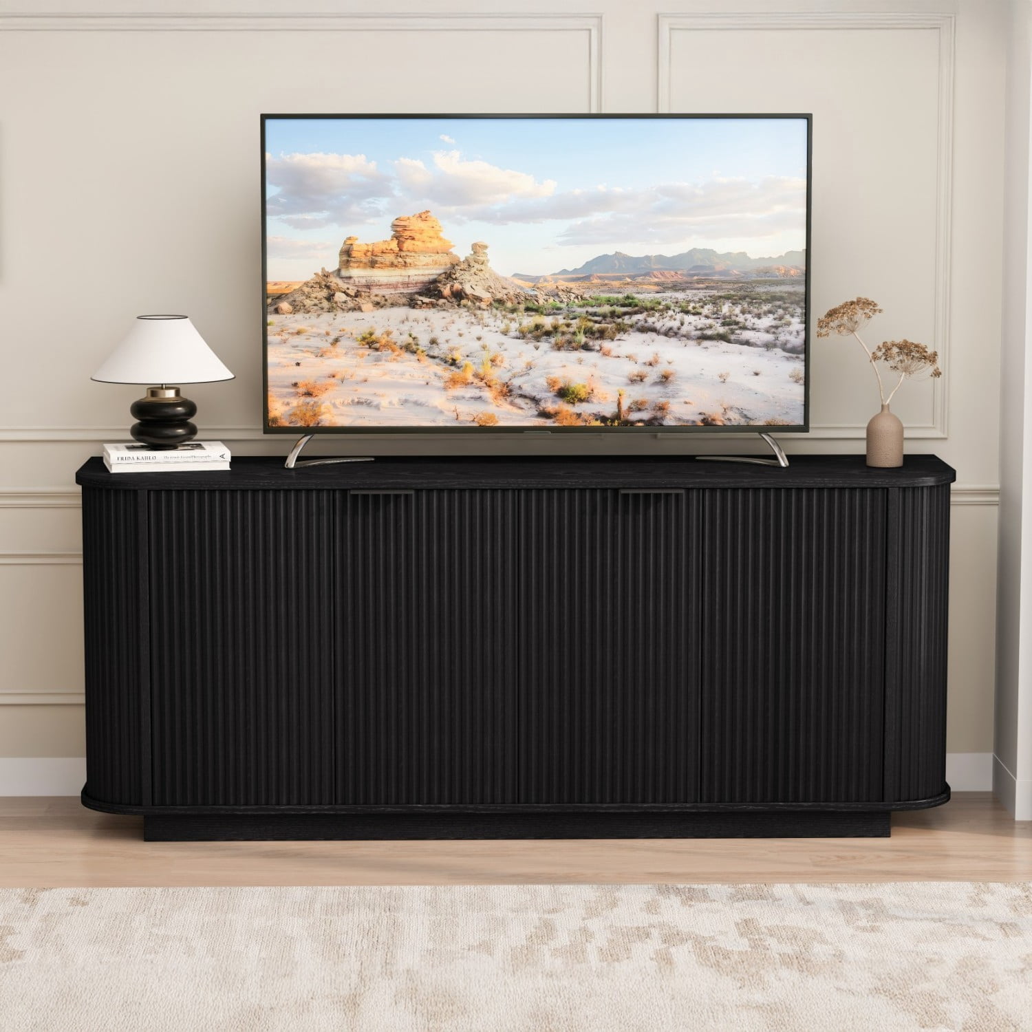 63" Wavy Storage Sideboard Cabinet Double Door Buffet Cabinet with Adjustable Shelves, Modern Accent Storage Cabinet for Kitchen Dining Room Living Room Hallway, Black