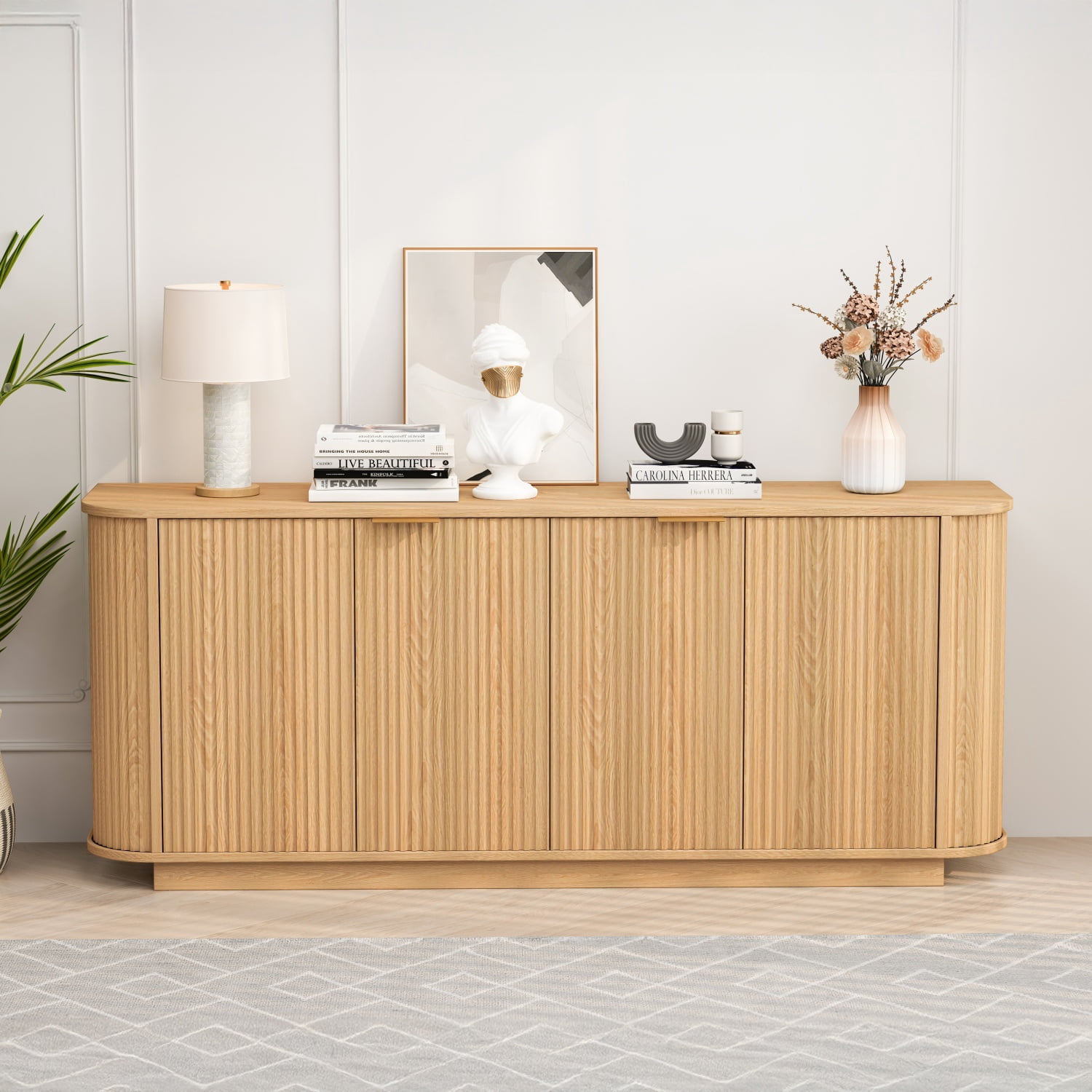 63" Wavy Storage Sideboard, Double-Door Buffet Cabinet with Adjustable Shelves, Suitable for Kitchen, Living Room, Hallway, Versatile Storage (Natural)