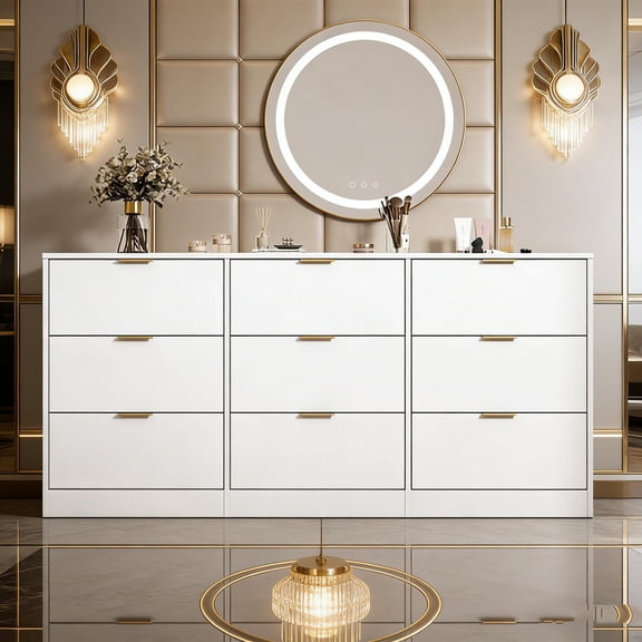 63" White 9-Drawer Dresser with Deep Drawers, Large Storage Chest for Bedroom, Living Room or Hallway, Ample Space for Clothes and Linens