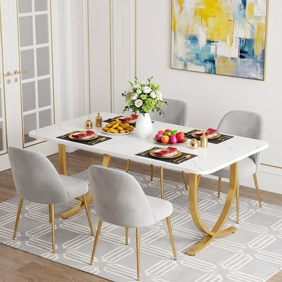 63" White And Gold Modern Dining Table, Faux Marble Kitchen Table Seats 4 With Waterproof Top & Adjustable Foot Pads