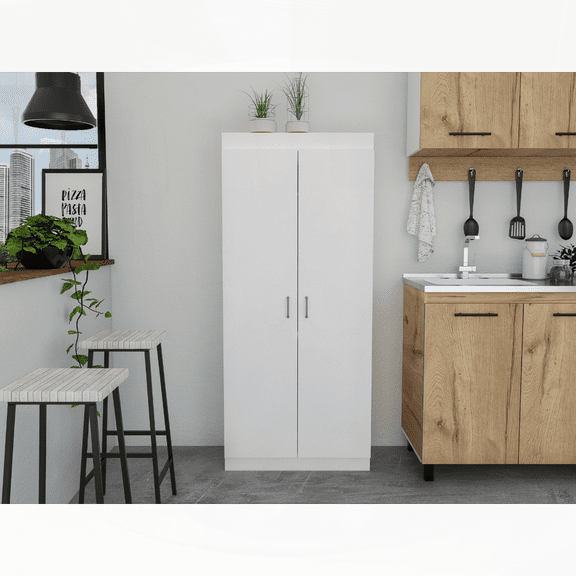 63'' White Double Door Pantry Cabinet with 5 Shelves - Kitchen & Garage Storage