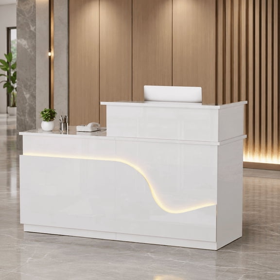 63" White Front Desk Reception Counter with 16 Colors LED Lights, Modern Glossy Receptionist Desk with Lockable Drawer & Cabinet, Keyboard Tray for Office, Salon, Lobby