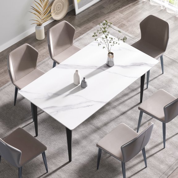 63" White Sintered Stone Dining Table For 6 - 12mm Thick Panel, , Metal Leg Support, Long-lasting Durability Seater, & Stylish, To Burns, Legged Base