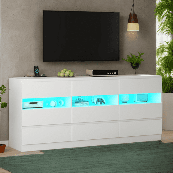 63" White Triple 9 Drawer Dresser with Charging Station & LED Lights, Modern Dresser TV Stand for TVs up to 75", Long Wide Chest of Drawers with Open Storage Cubbies for Bedroom, Living Room, Hallway