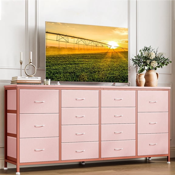 Tzou 63" Wide 14-Drawer Dresser TV Stand with Power Outlets, Fabric Storage for Bedroom/Living, 65-75" TV(Pink)
