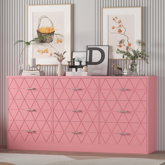 63" Wide 9-Drawer Bedroom Dresser with Built-in Power Outlet, Spacious Storage Chest Organizer for Hallway & Living Room, Pink