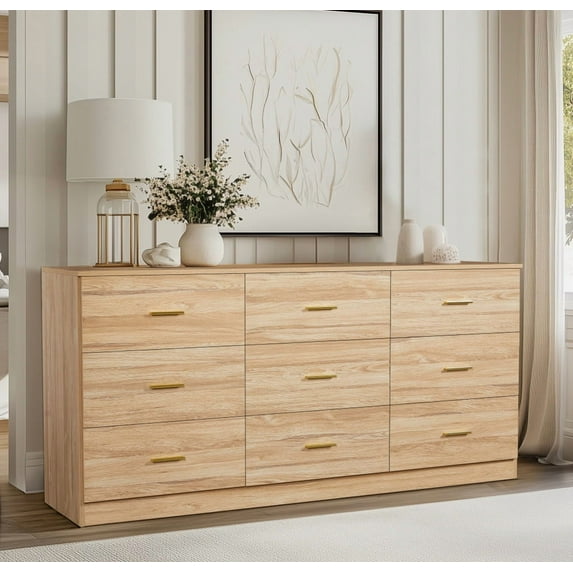 63" Wide Modern Chest of Drawers, Wooden 9 Drawer Dresser TV Stand with Smooth Slides and Golden Handles for Bedroom, Natural
