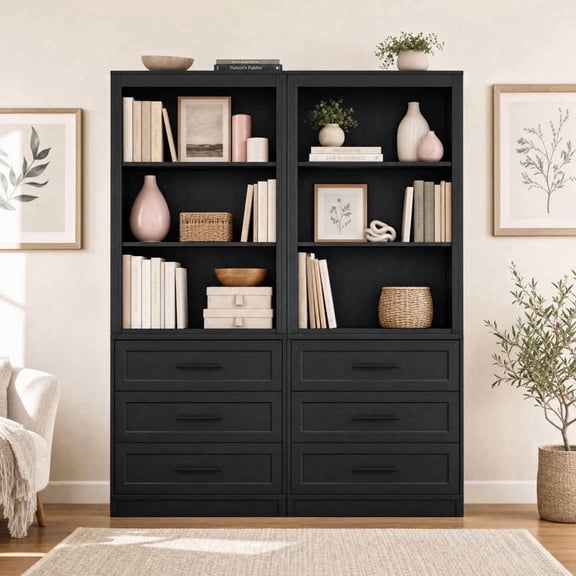 63" Wide Modular Bookcase Set, 4-Piece Wooden Bookshelves with Drawers , Adjustable Shelves for Living Room & Home Office, Black Grey