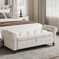 thumbnail image 1 of 63" Wide Storage Bench, Polyester Upholstered End of Bed Bench with Pull Ring Design, Storage Shoe Cabinet Bench with Rolled Arm, Modern Window Bench for Bedroom (Beige), 1 of 14