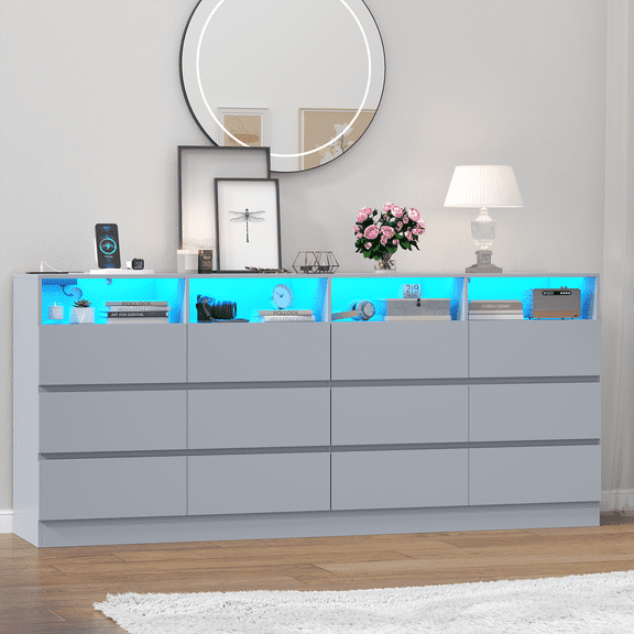 63" Wide TV Stand for 75 Inch TV, Light Grey 6-Drawer Dresser with Divided Storage Compartments, LED Lights and Charging Station, Modern Entertainment Center with 4 Open Cubbies