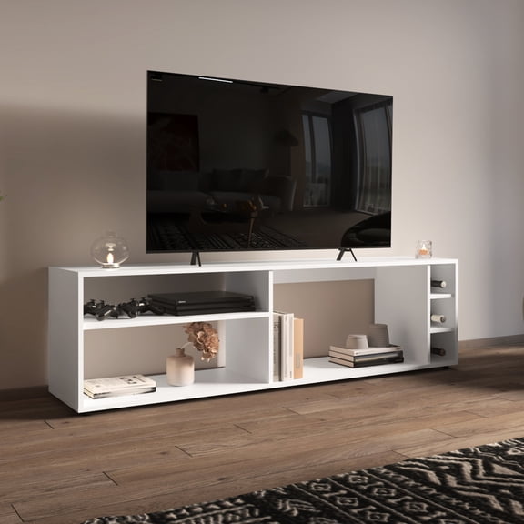 63" Wide Tv Stand, White, With 3 Open Shelves, Bottle For Entertainment Modern Stand In White Living