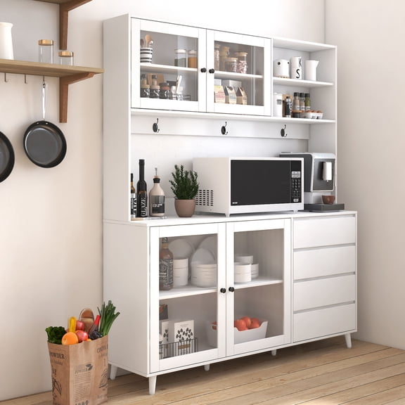 63" Wide White Kitchen Hutch Cabinet with Hanging Hooks for Kitchenware Organization