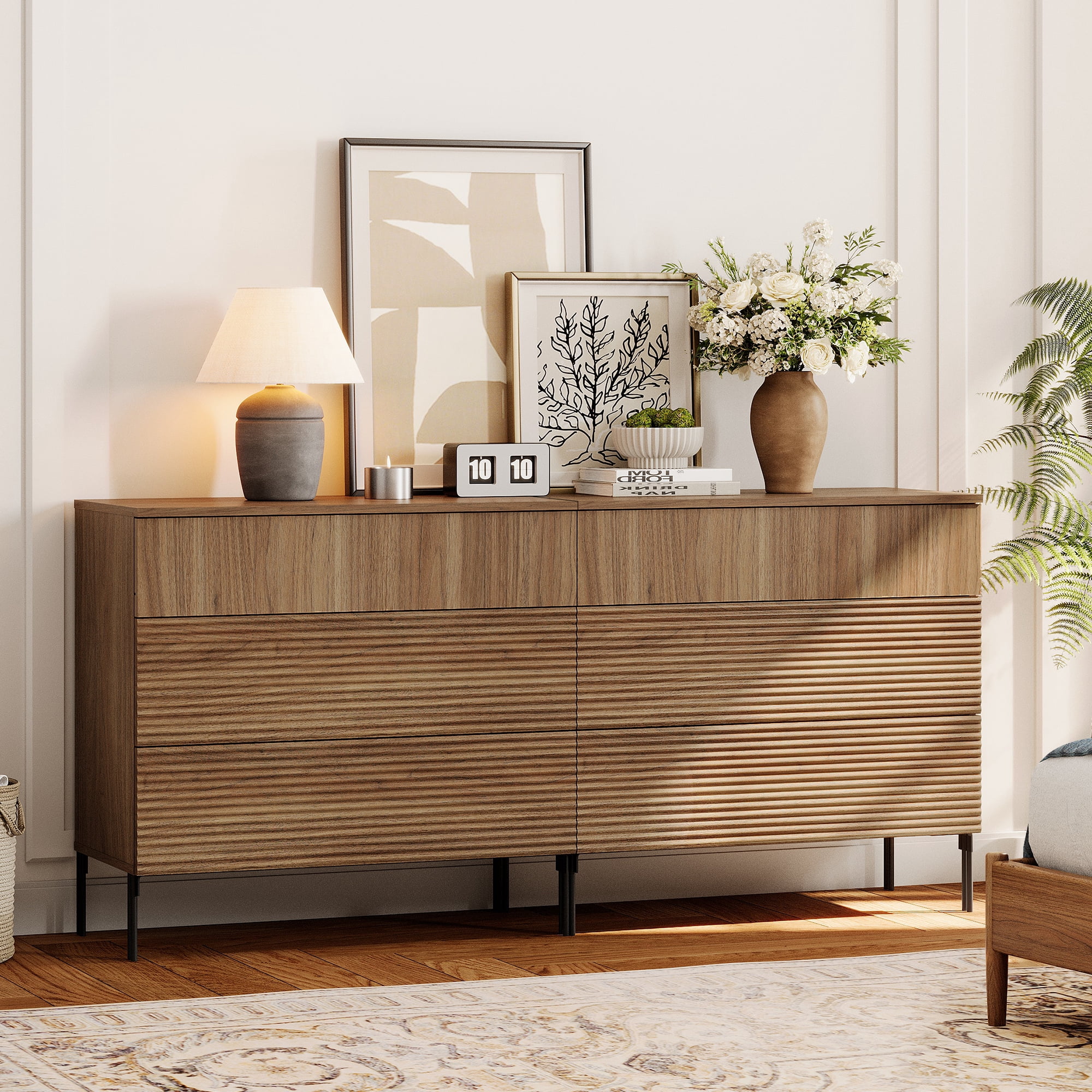 63" Wood Accent Chest Set with Drawers, Modern Credenza Storage Cabinet with Reeded Design for Living Room, Kitchen, Dining Room, Hallway
