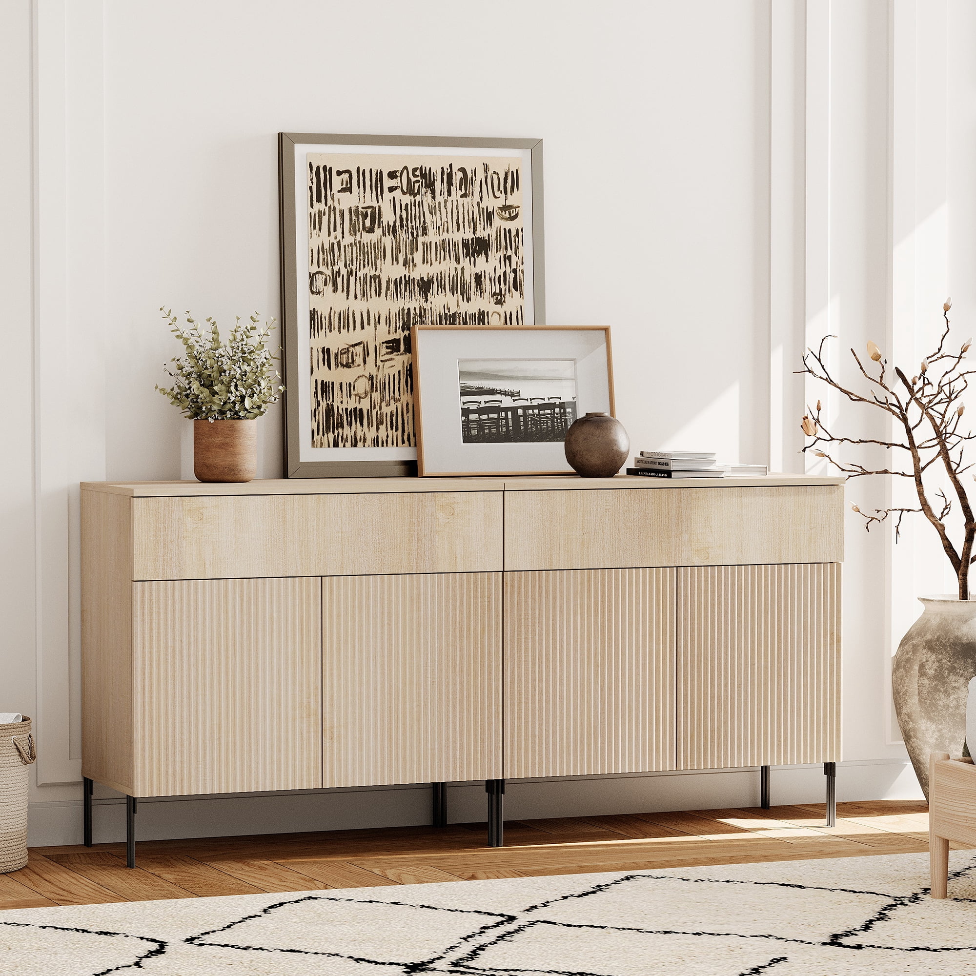 63" Wood Drawer Reeded Dresser for Bedroom Set of 2, Minimalist Modern Cabinet, Storage Dresser Organizer for Bedroom Living Room Hallway Closet