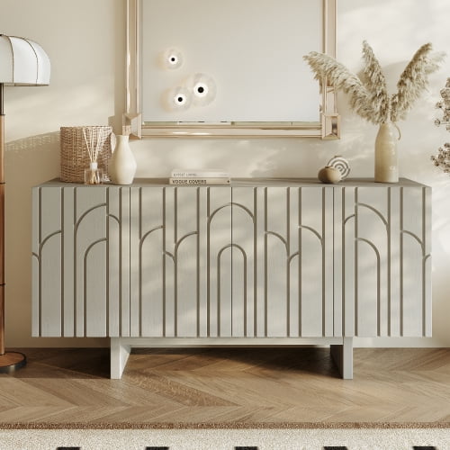 63" Wood Grain Sideboard with Leaf-Patterned Doors, 4-Door Adjustable Storage Cabinet, MDF Buffet TV Stand for Living Room & Dining Room, Creamy White