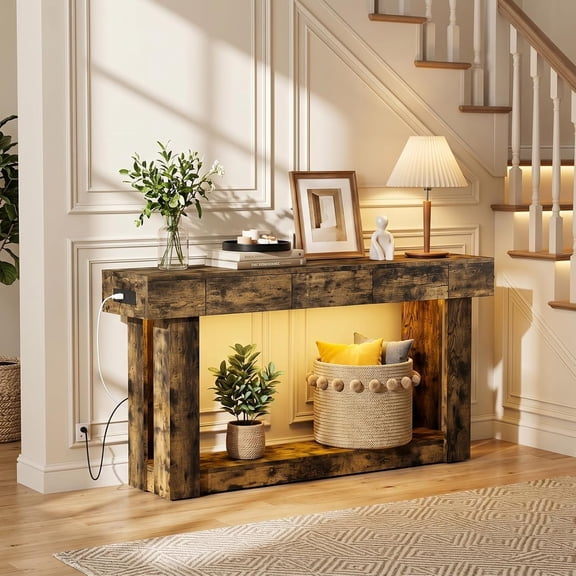63" Wood Narrow Console Table with Charging Station & RGB Lights 3 Drawers, Side Hooks, Ideal for Entryway, Hallway, or Behind Couch