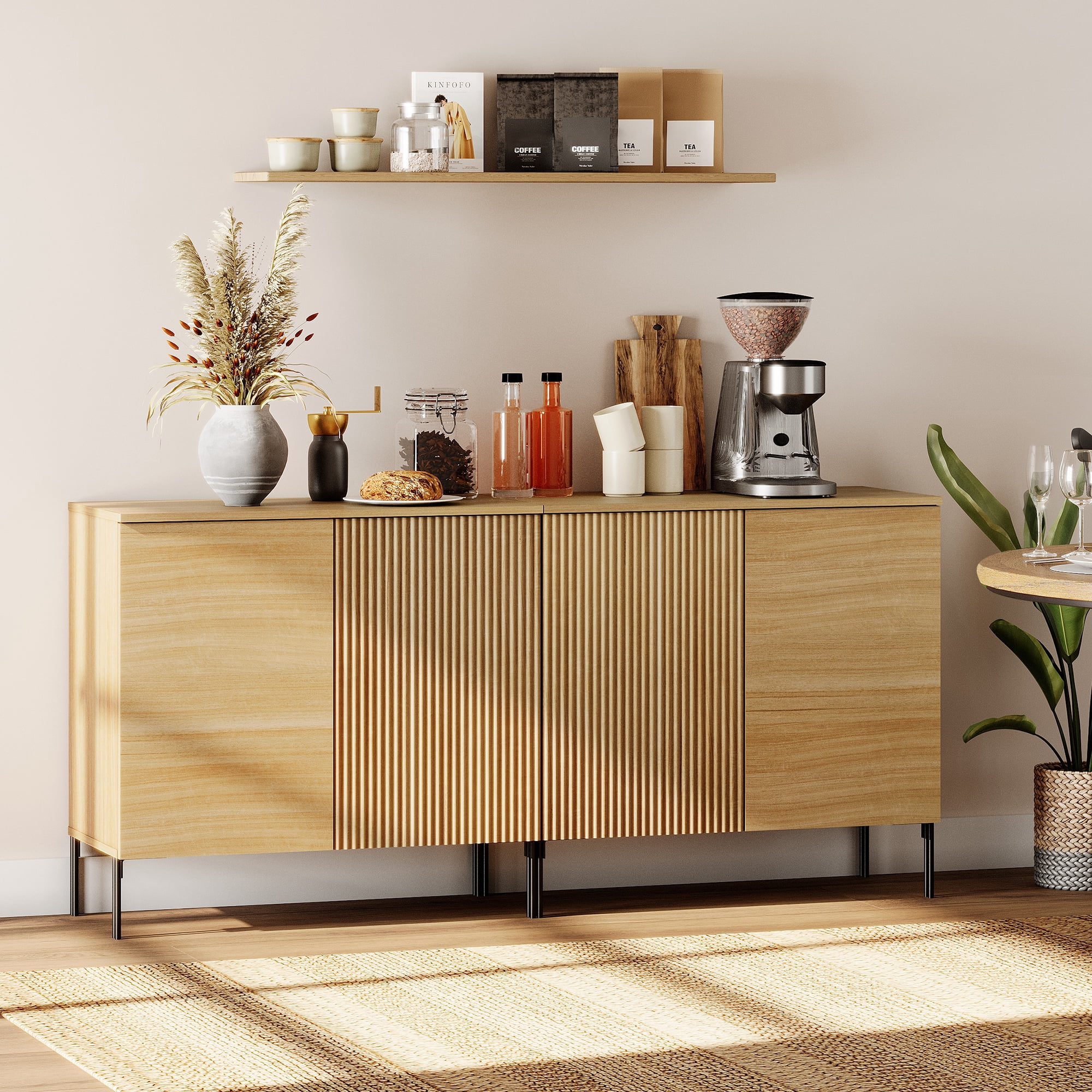 63" Wooden 4 Doors Sideboard with Reeded Design, 2-In-1 Modern Credenza Storage Cabinet for Kitchen, Dining Room